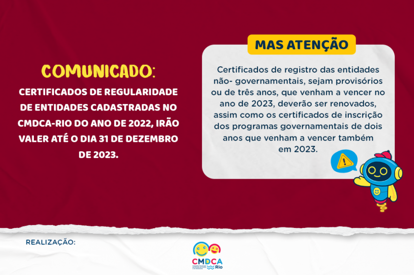 CMDCA-RIO REFORÃ‡A O COMUNICADO SOBRE O CERTIFICADOS DE REGULARIDADE 2023